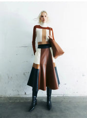 Pu Leather High Waist A line Patchwork Elegant And Vintage Mini Skirts Mssza
