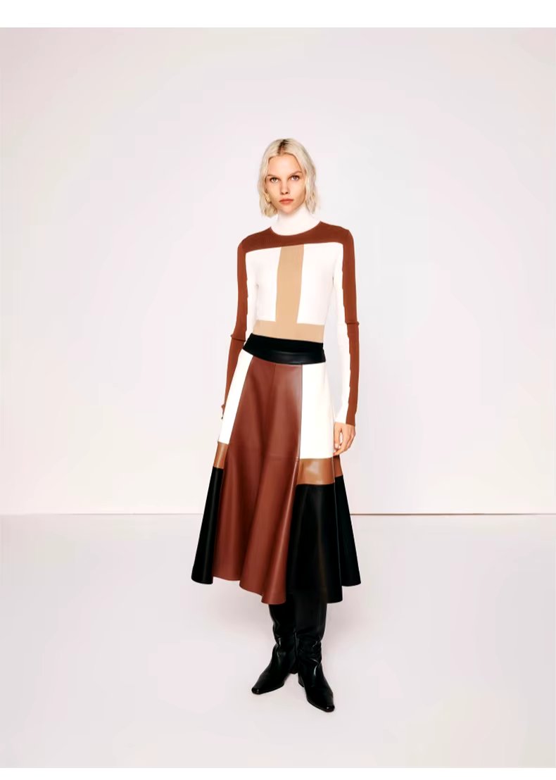 Pu Leather High Waist A line Patchwork Elegant And Vintage Mini Skirts Mssza