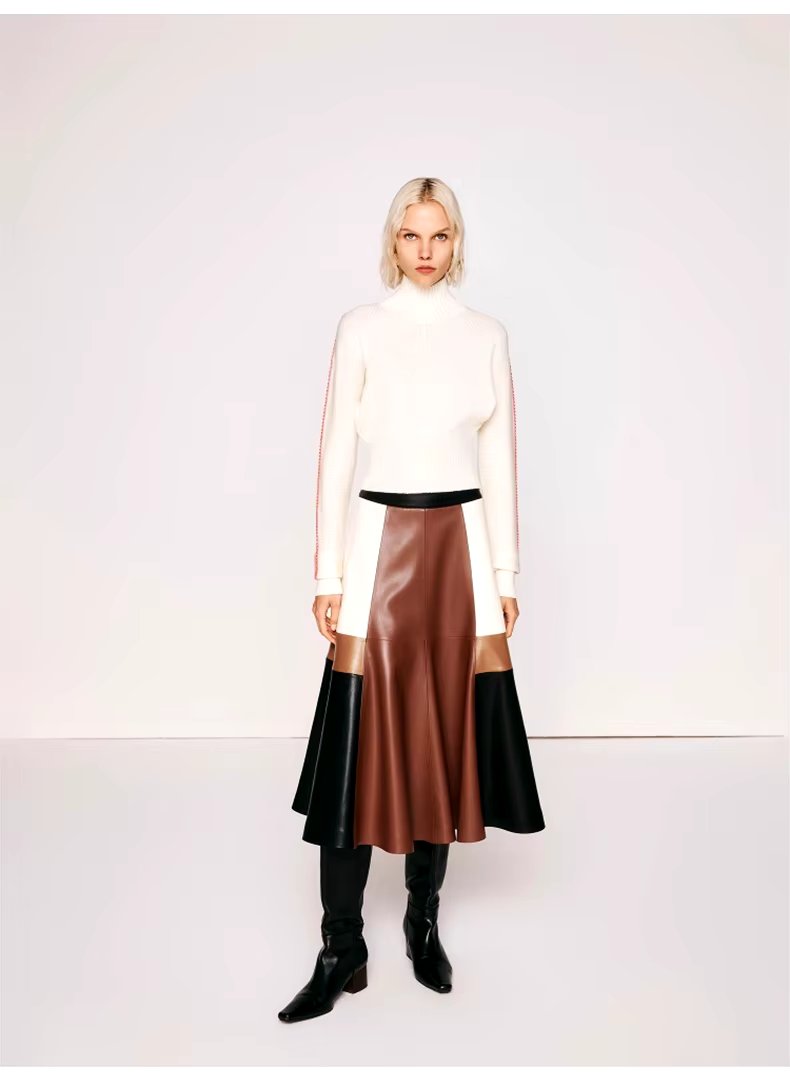 Pu Leather High Waist A line Patchwork Elegant And Vintage Mini Skirts Mssza