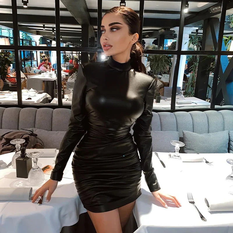 Pu Leather Ruched Turtleneck Long Sleeve Bodycon Streetwear Party Elegant Autumn Winter Mini Dress Mssaz Desses