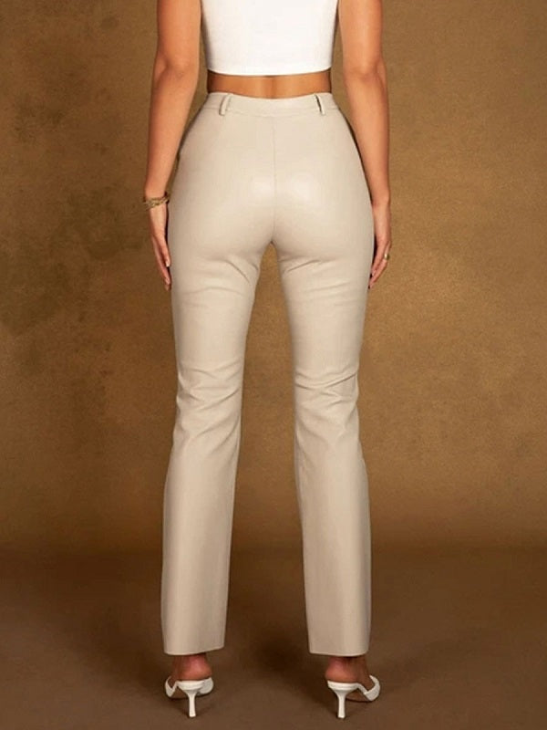 Pu Leather Raised Waist Zipper Fly Straight Trousers Mssza