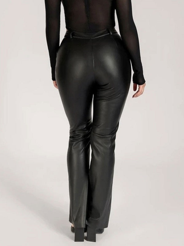 Pu Leather Raised Waist Zipper Fly Straight Trousers Mssza