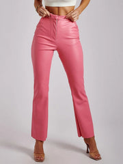 Pu Leather Raised Waist Zipper Fly Straight Trousers Mssza