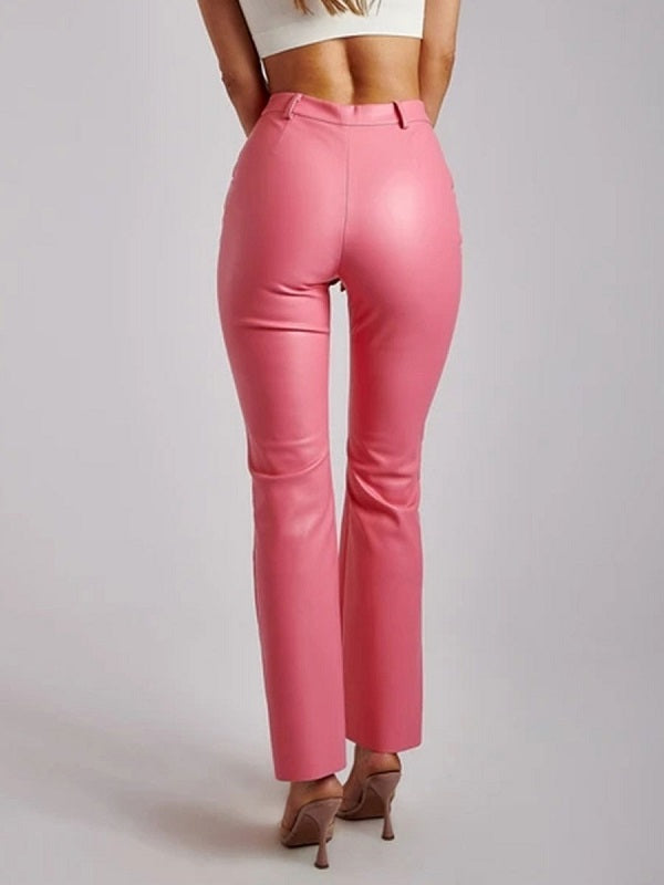 Pu Leather Raised Waist Zipper Fly Straight Trousers Mssza