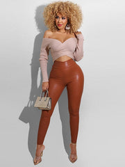 Pu Leather Stretch Natural Waist Skinny Trousers Mssza