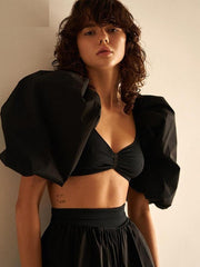Puff Half Sleeve Deep V-Neck Crop Tops Mssza