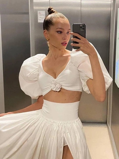 Puff Half Sleeve Deep V-Neck Crop Tops Mssza