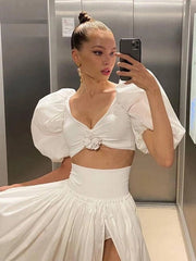 Puff Half Sleeve Deep V-Neck Crop Tops Mssza