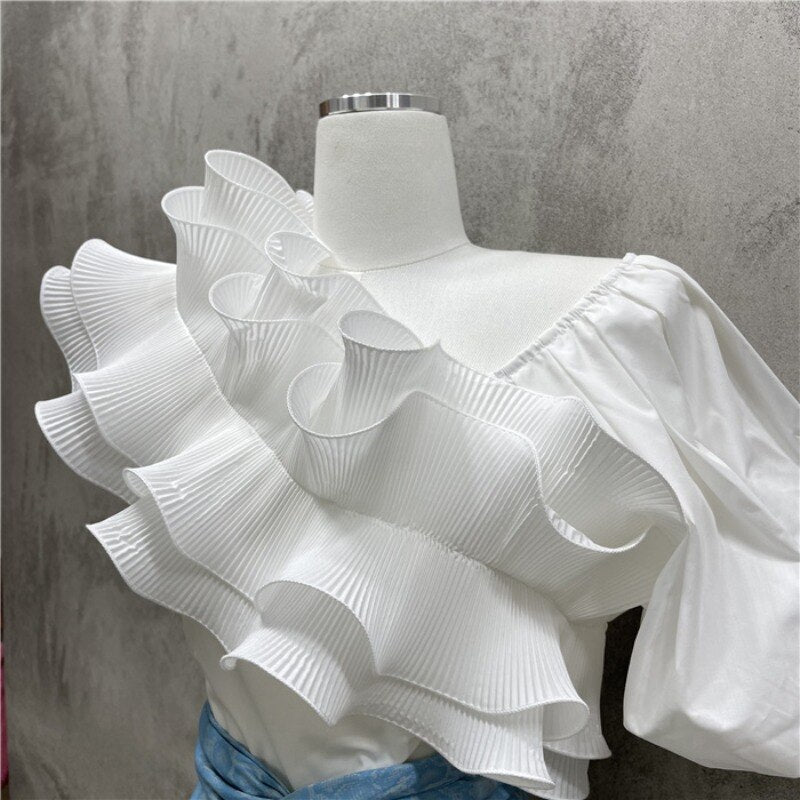 Puff Short Sleeve Blusas Femininas Irregular Ruffle V Neck Crop Tops Mssza