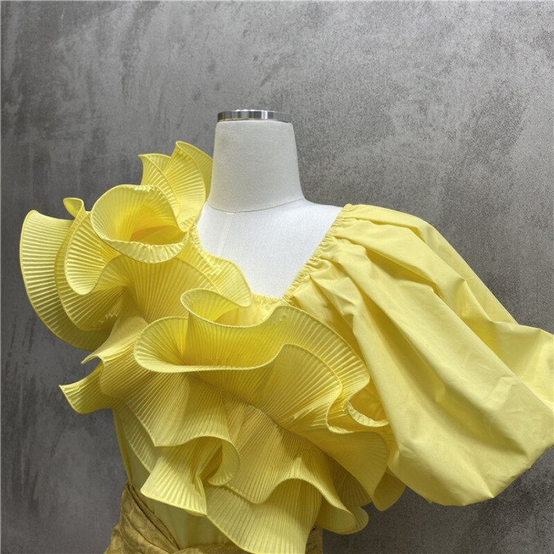 Puff Short Sleeve Blusas Femininas Irregular Ruffle V Neck Crop Tops Mssza