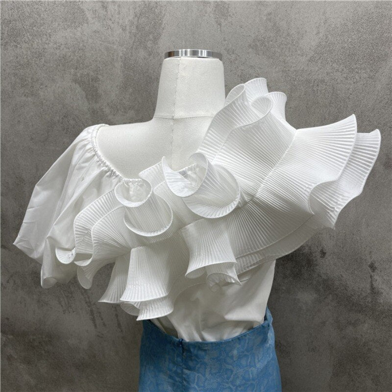 Puff Short Sleeve Blusas Femininas Irregular Ruffle V Neck Crop Tops Mssza