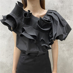 Puff Short Sleeve Blusas Femininas Irregular Ruffle V Neck Crop Tops Mssza