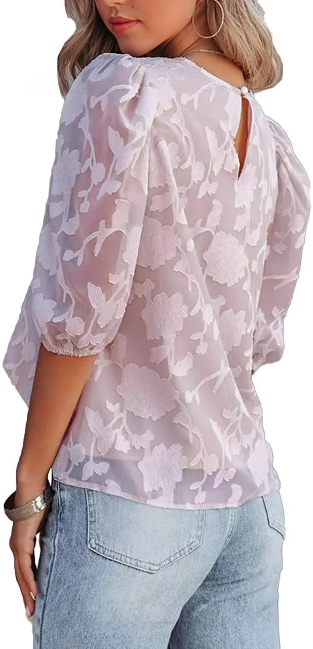 Puff Sleeve Crew Collar Hollow Out Flower Patchwork Blouse Tops Mssza