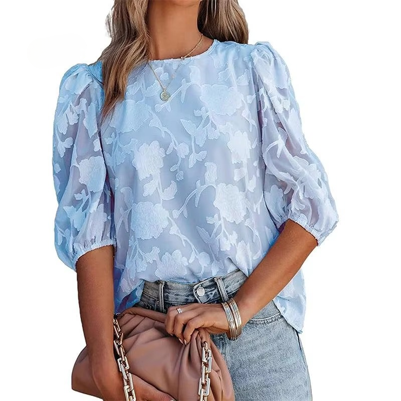 Puff Sleeve Crew Collar Hollow Out Flower Patchwork Blouse Tops Mssza
