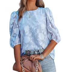 Puff Sleeve Crew Collar Hollow Out Flower Patchwork Blouse Tops Mssza