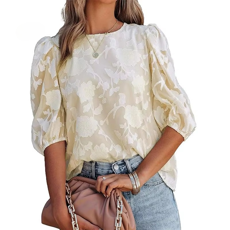 Puff Sleeve Crew Collar Hollow Out Flower Patchwork Blouse Tops Mssza