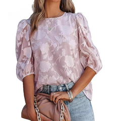 Puff Sleeve Crew Collar Hollow Out Flower Patchwork Blouse Tops Mssza