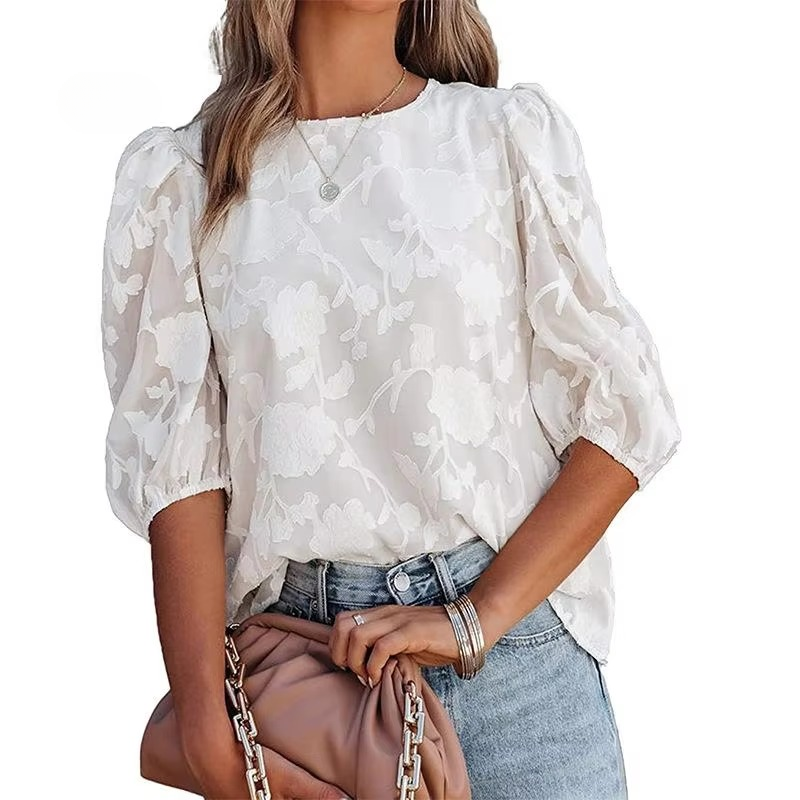 Puff Sleeve Crew Collar Hollow Out Flower Patchwork Blouse Tops Mssza