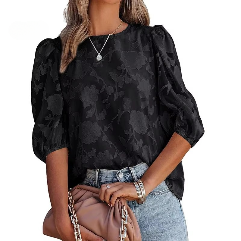 Puff Sleeve Crew Collar Hollow Out Flower Patchwork Blouse Tops Mssza