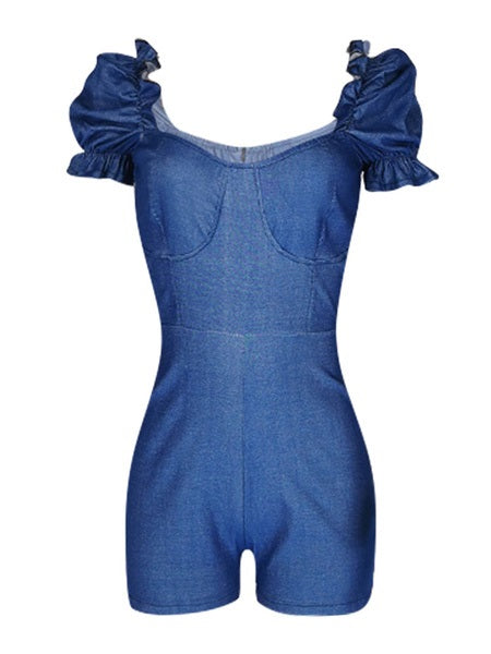 Puff Sleeves Denim Shorts Playsuit Mssza