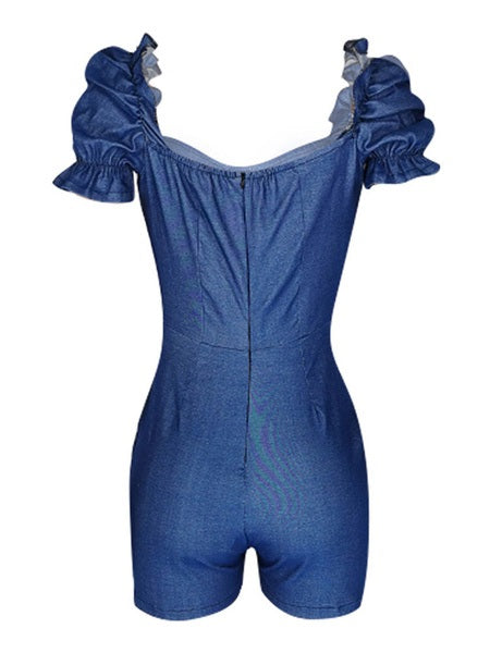Puff Sleeves Denim Shorts Playsuit Mssza