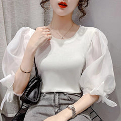 Puff sleeve bow knitting patchwork blouse Mssza
