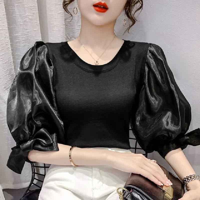 Puff sleeve bow knitting patchwork blouse Mssza