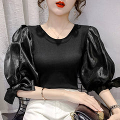 Puff sleeve bow knitting patchwork blouse Mssza