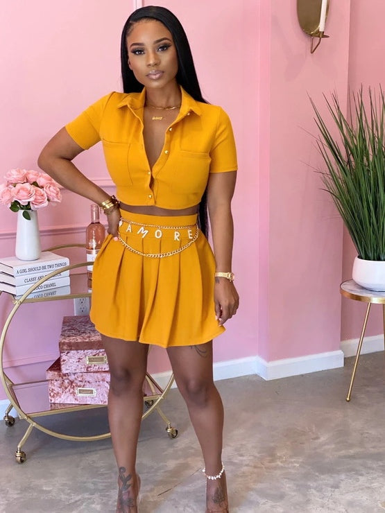 Pure Color Button Up Crop Top And Pleated Skirt Set Mssza