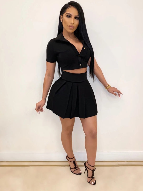 Pure Color Button Up Crop Top And Pleated Skirt Set Mssza