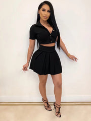 Pure Color Button Up Crop Top And Pleated Skirt Set Mssza