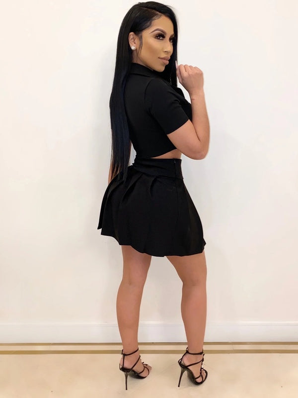 Pure Color Button Up Crop Top And Pleated Skirt Set Mssza