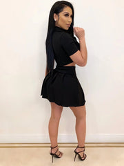Pure Color Button Up Crop Top And Pleated Skirt Set Mssza