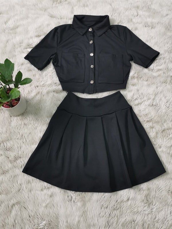 Pure Color Button Up Crop Top And Pleated Skirt Set Mssza