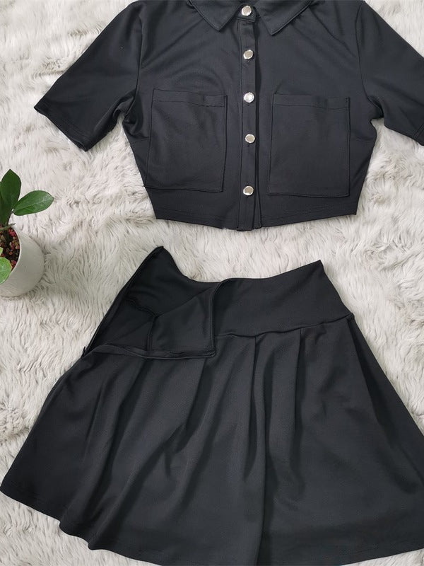 Pure Color Button Up Crop Top And Pleated Skirt Set Mssza