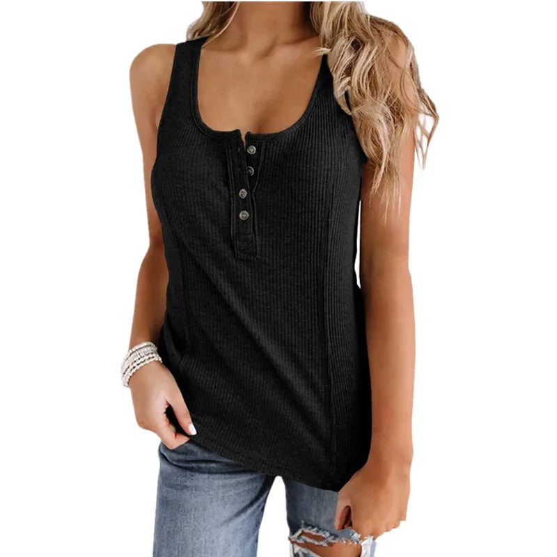 Pure Color Buttons Sleeveless Vest T-shirt Mssza