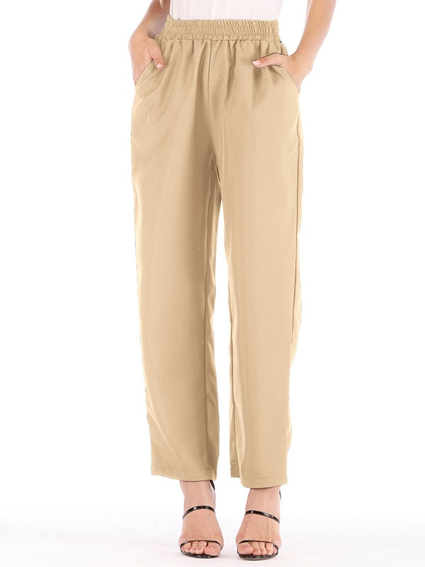Pure Color Casual High Waist Elastic Waist Pants Mssza