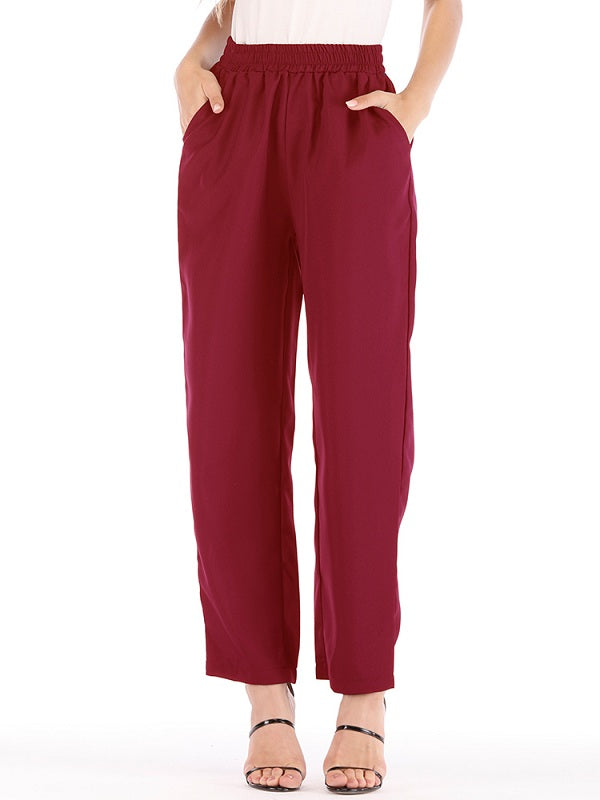 Pure Color Casual High Waist Elastic Waist Pants Mssza
