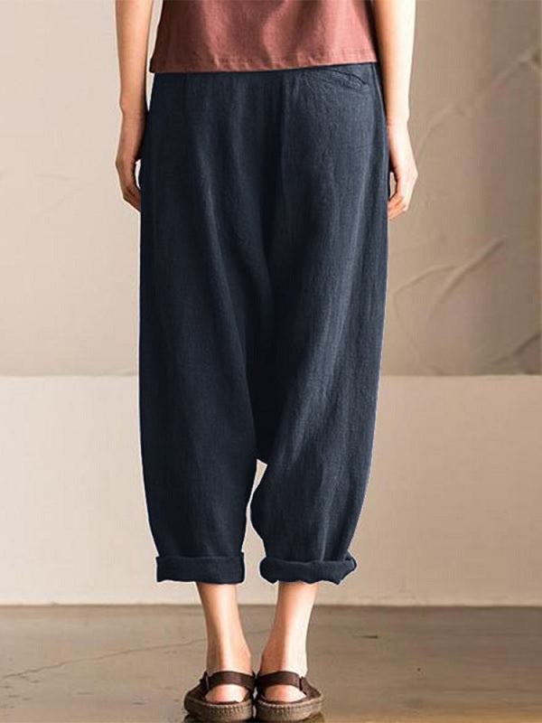 Pure Color Cotton Elastic Waist Harem Pants Mssza