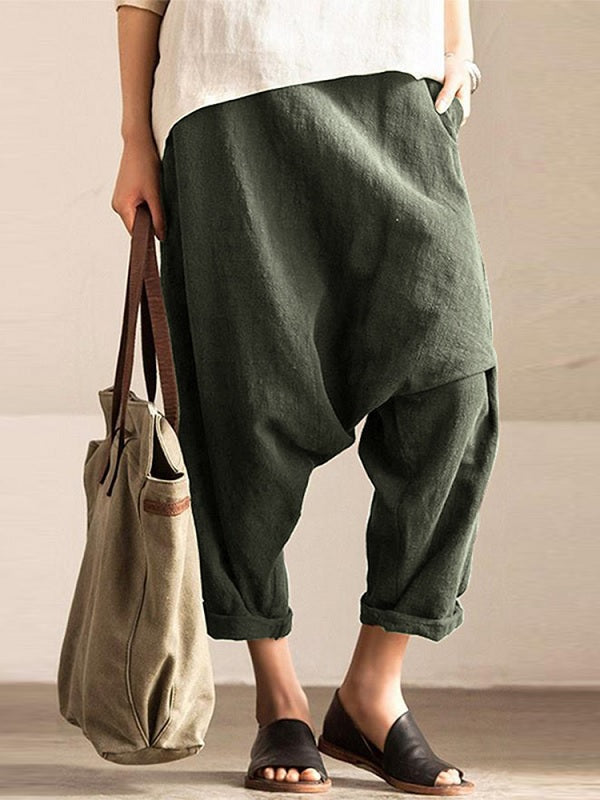 Pure Color Cotton Elastic Waist Harem Pants Mssza