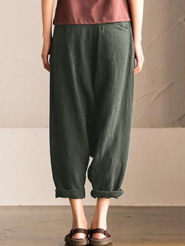 Pure Color Cotton Elastic Waist Harem Pants Mssza