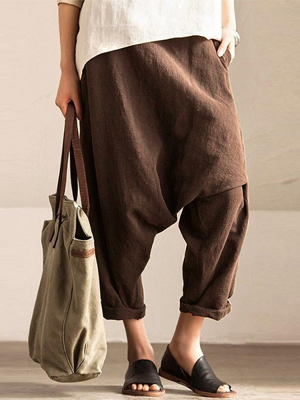 Pure Color Cotton Elastic Waist Harem Pants Mssza