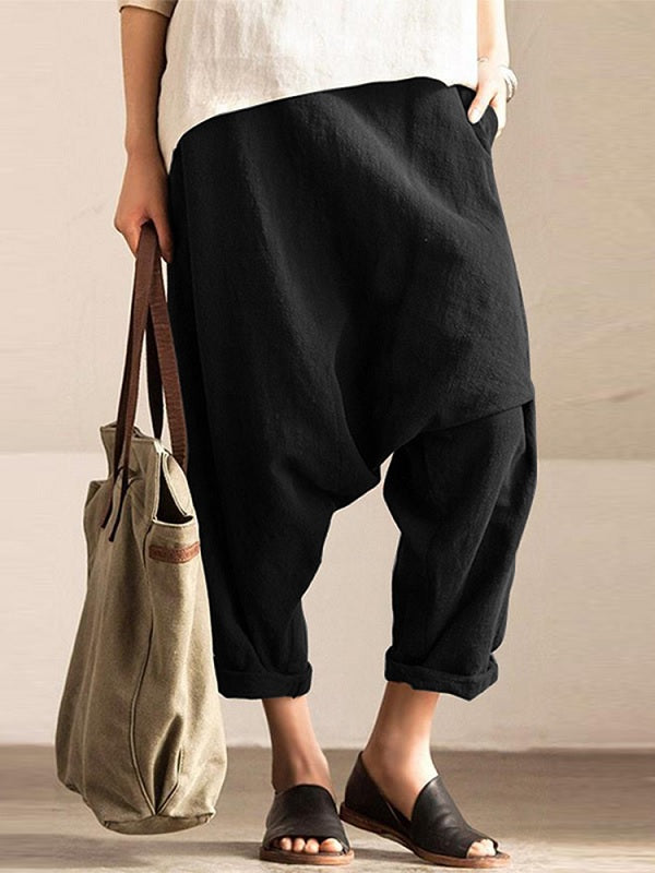 Pure Color Cotton Elastic Waist Harem Pants Mssza
