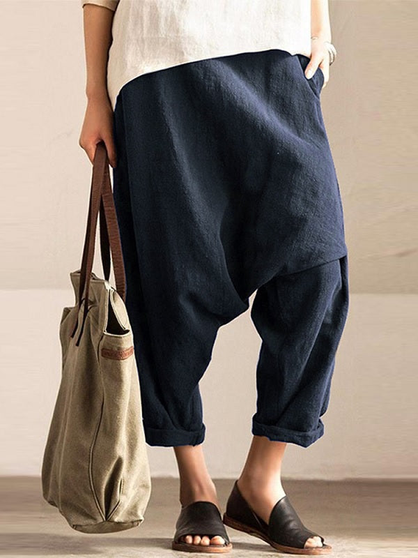 Pure Color Cotton Elastic Waist Harem Pants Mssza