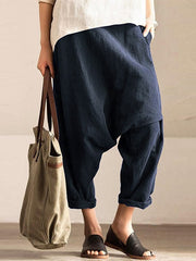 Pure Color Cotton Elastic Waist Harem Pants Mssza