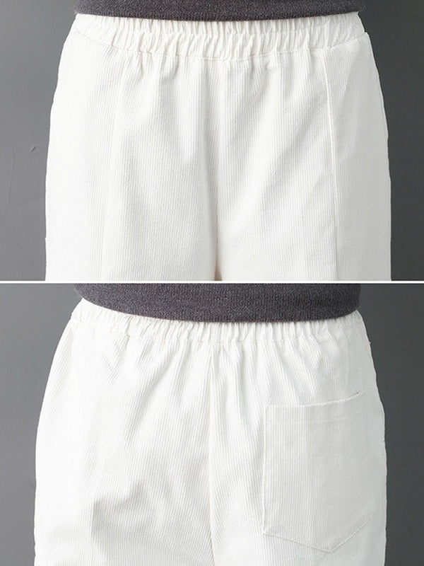 Pure Color Elastic Waist Pockets Corduroy Pants Mssza