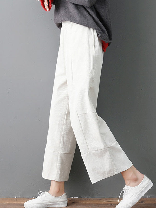 Pure Color Elastic Waist Pockets Corduroy Pants Mssza