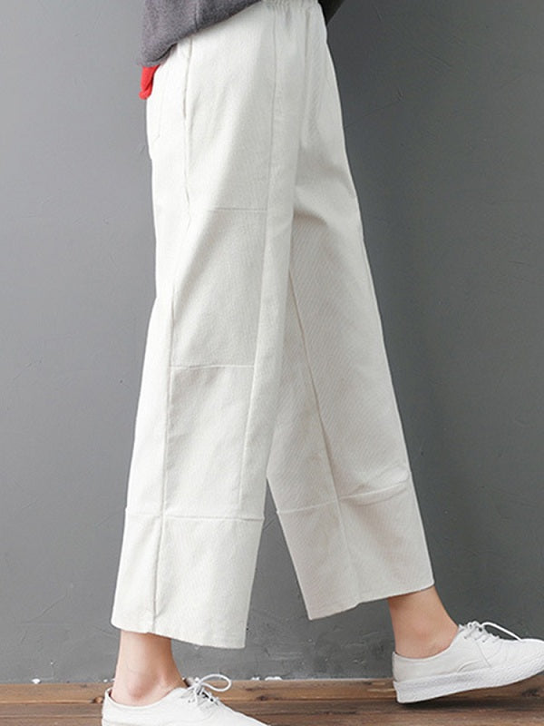 Pure Color Elastic Waist Pockets Corduroy Pants Mssza