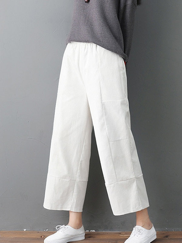 Pure Color Elastic Waist Pockets Corduroy Pants Mssza