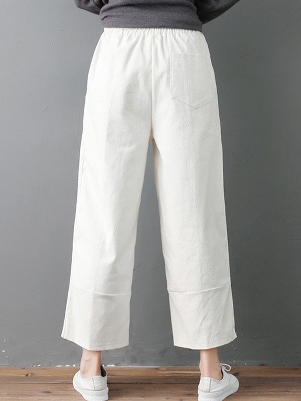Pure Color Elastic Waist Pockets Corduroy Pants Mssza
